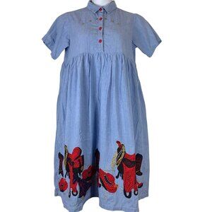 Vintage Dress Size Medium Blue Cotton Western Embellished Hem Chance Encounters